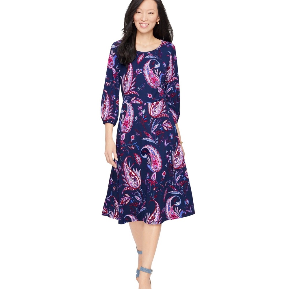 Talbots Paisley Midi Dress Womens 10 Navy Blue NWT Floral Puff Sleeve Jersey